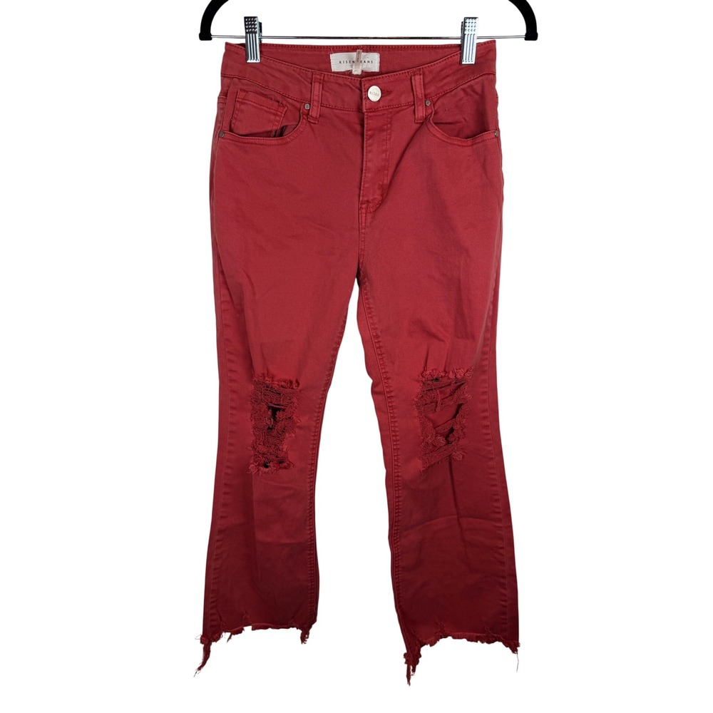 Risen Jeans Distressed Flare Women 1/25 Red Pink Raw Hem RDP5265 High Rise